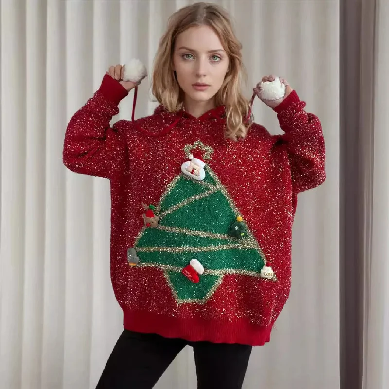 Korean Style Christmas Tree Hooded Loose Ugly Casual Knitwear Sweater Neon Metallic Matte