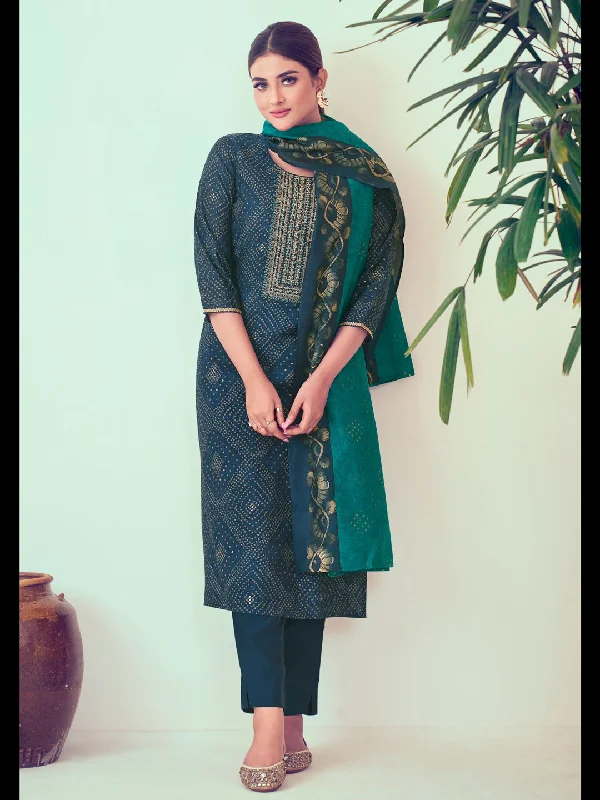 Blue Designer Readymade Pant Suit With Printed Embroidery Work Classic Chino Pants