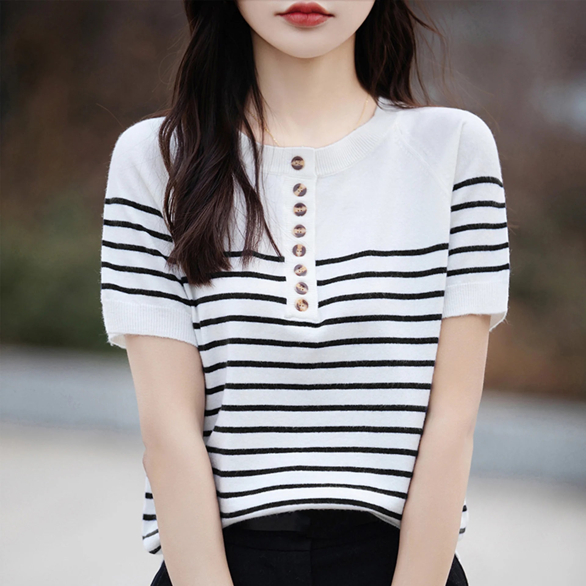O-Neck Stripe Summer Short Thin Casual Fashion Knit Sweater Boxy Sweater Fitted Sweater A-Line