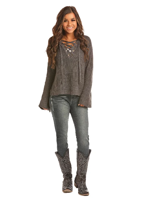 Rock and Roll Cowgirl Grey Lace-Up Sweater Stylish Fashionable Trendy