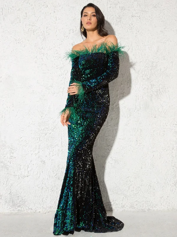 Burgundy Shiny Sequin Feather Velvet Party Dress Long Sleeve Bodycon Stretchy Slash Neck Floor Length Mermaid Dress Black Green Tunics Print Colorful