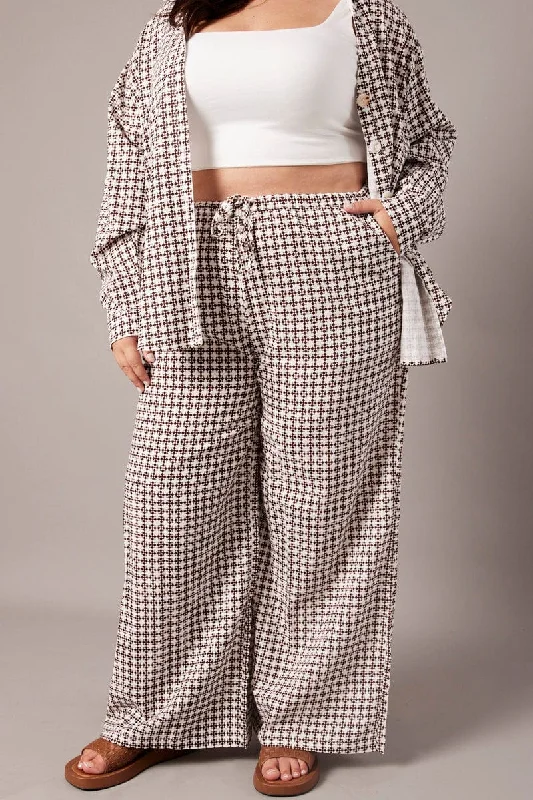 Brown Geo Wide Leg Pants High Rise Relaxed Fit Trousers