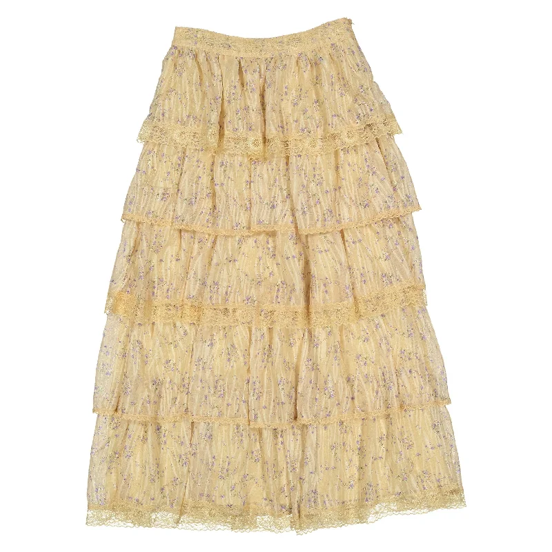 A4 Beige Floral Ruffle Maxi Skirt linen skirt breathable