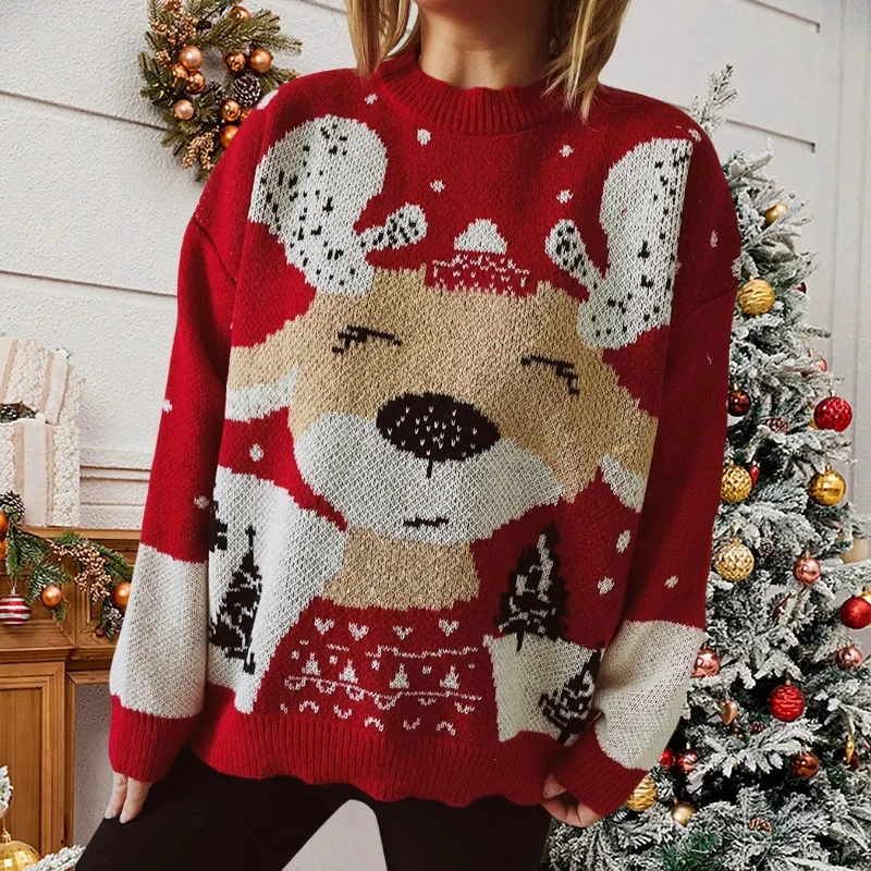 Elk Snowflake Pattern Christmas Sweater - Long Sleeve Loose Knit Knit Fabric Woven Fabric Fleece Fabric