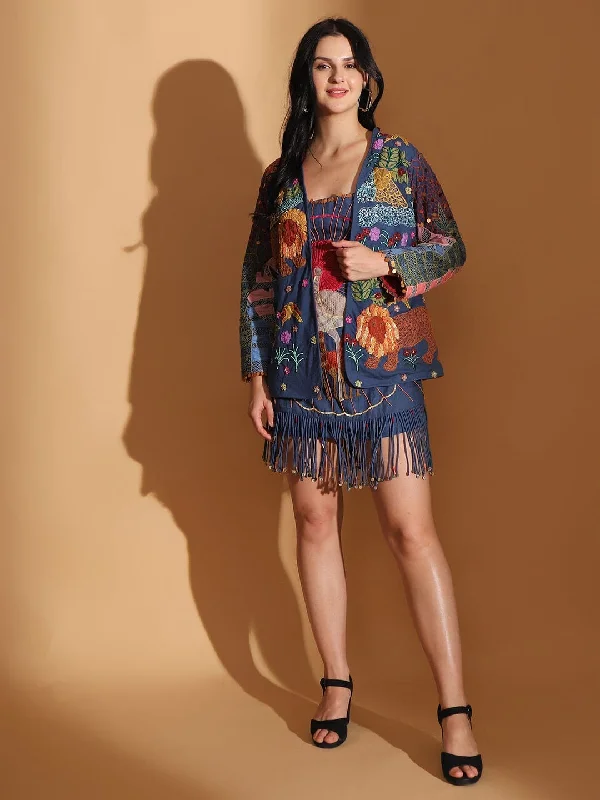 Gond Artwork Dress With Overlay Jacket - Blue Rayon Jacket Velvet Jacket Corduroy Jacket
