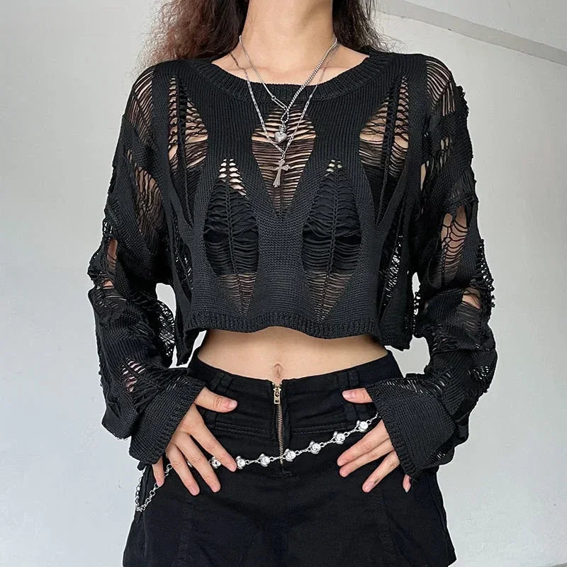 Vintage Hole Ripped Sexy Fashion Cropped Hollow Spring Sweater Spandex Rayon Corduroy
