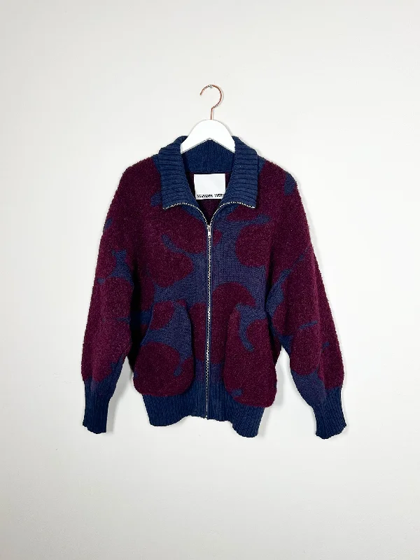 Mozhdeh Matin - Leaf Zipper Jacket - Purple Faux Fur Fabric Real Fur Fabric Shearling Fabric