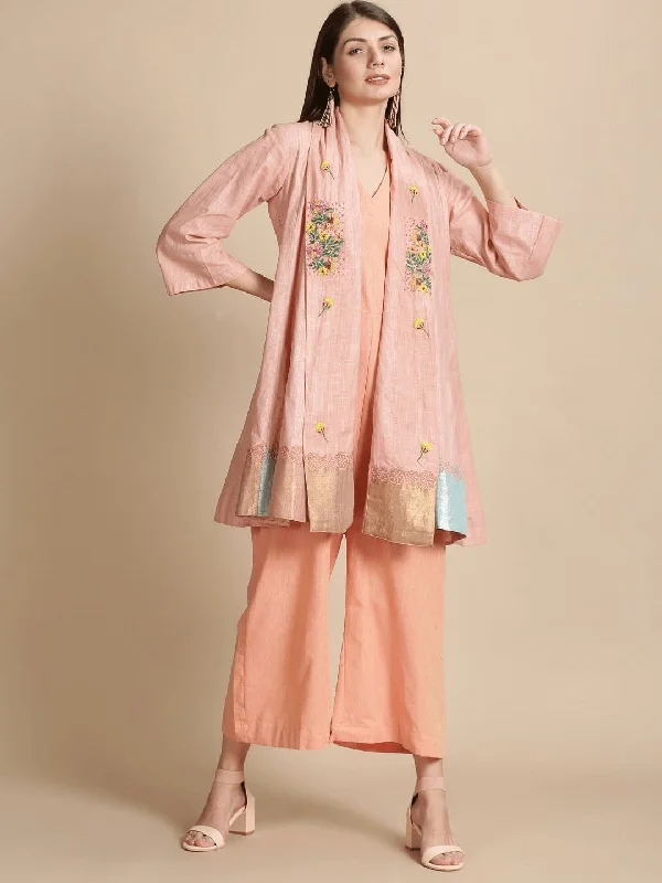 floral Beads cluster Jumpsuit With overlay jacket - Peach Jersey Jacket Tulle Jacket Batik Jacket