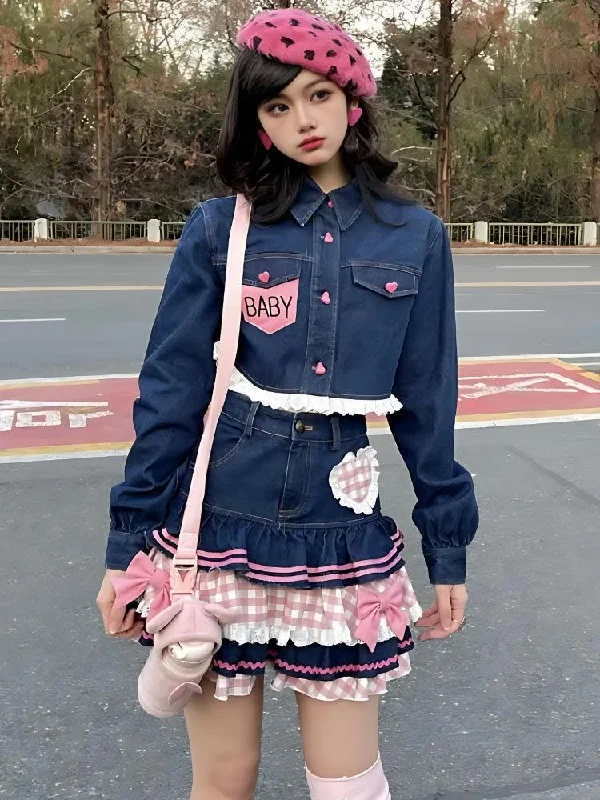 Kawaii Layered Denim Mini Skirt velvet skirt glossy