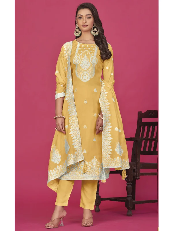 Yellow Organza Pant Suit With Wevon Designer Baadla Work Formal Slim Pants