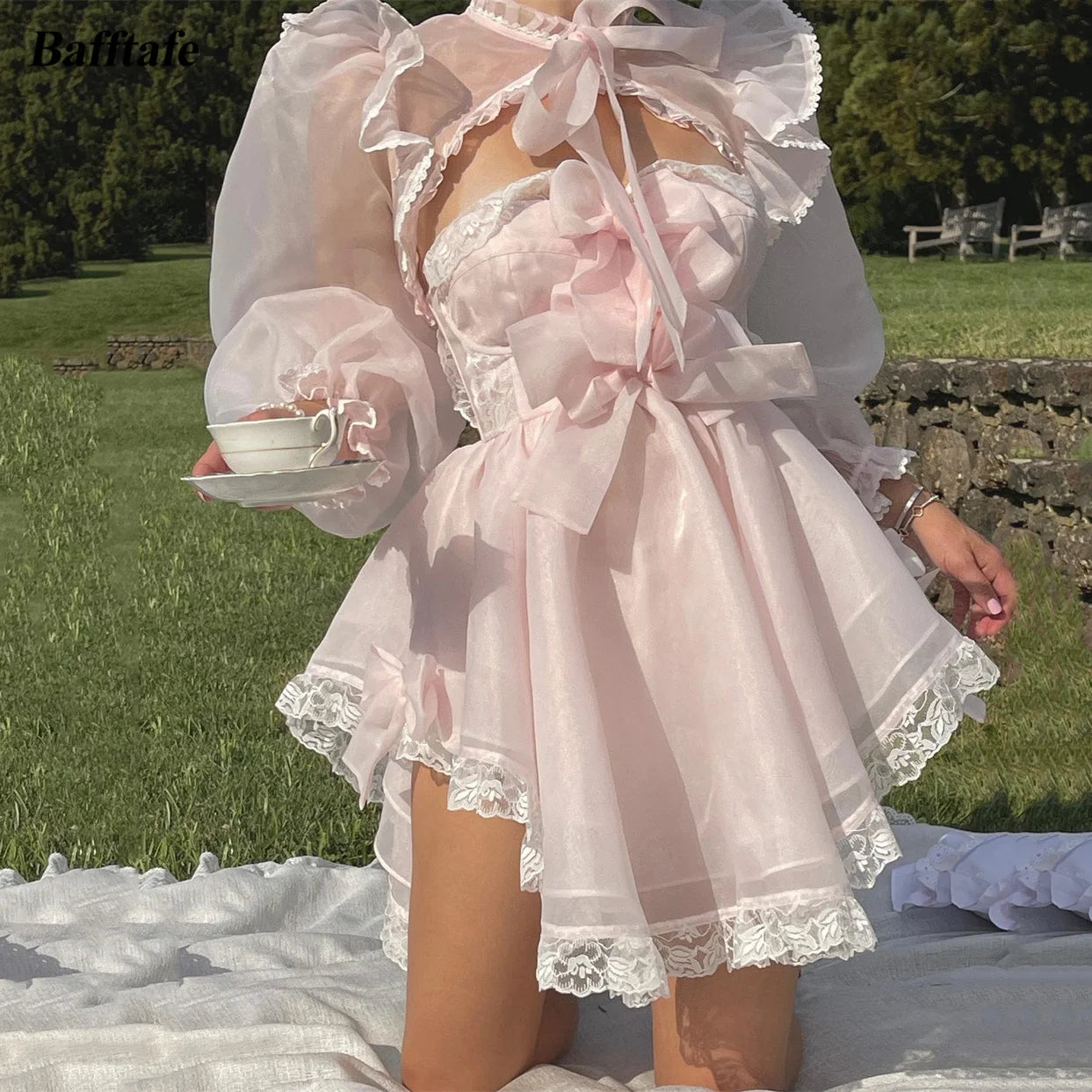 LIZAKOSHT -  Fairy A Line Pink Organza Short Prom Dresses Puff Long Sleeves Lace Bow Formal Occasion Party Dress Wedding Gowns Tunics Bridal satin
