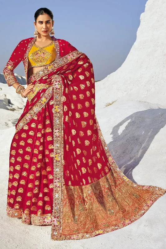 Classic Red Zari Georgette Saree With Jacket Rayon Jacket Velvet Jacket Corduroy Jacket