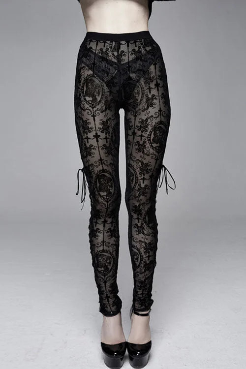 Black Flocking Printing Sexy Elastic Waistband Mesh Gothic Womens Pants Classic Bootcut Trousers