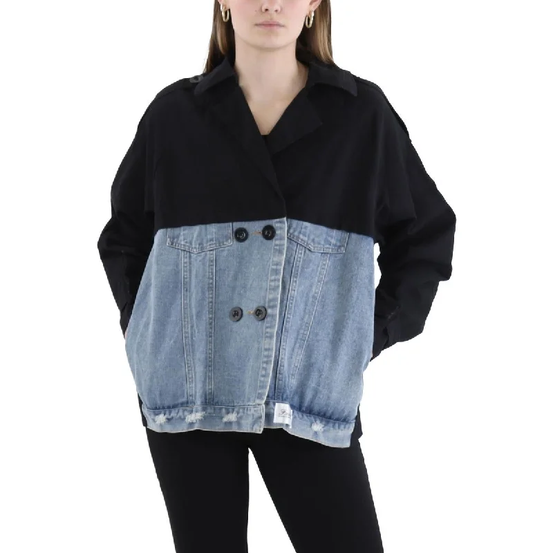 Madonna & Co. Womens Mixed Media Outerwear Denim Jacket Satin Fabric Silk Fabric Chiffon Fabric