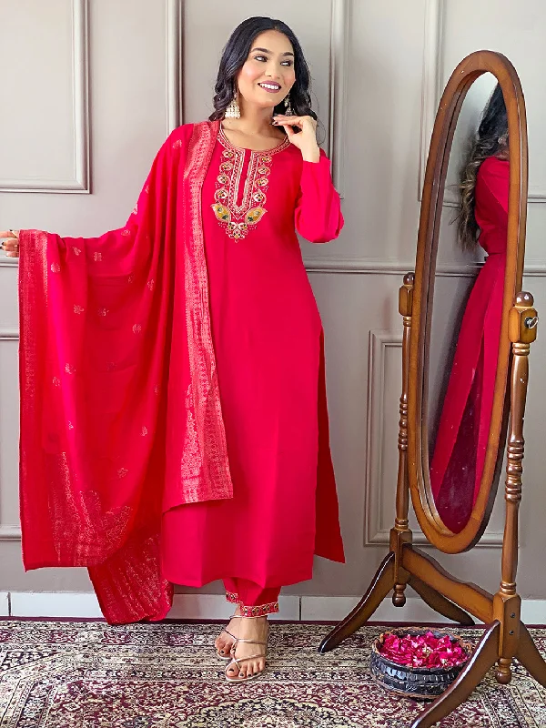 Rani Pink Trendy Designer Readymade Pant Suit With Embroidery Work Casual Lounge Pants