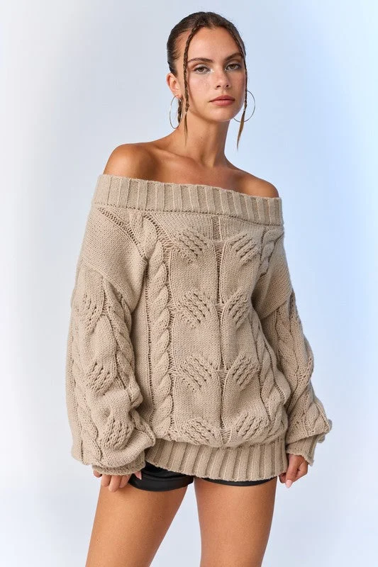 Ella Oversized Cable Knit Sweater Turtle Neck Boat Neck Asymmetrical Neck