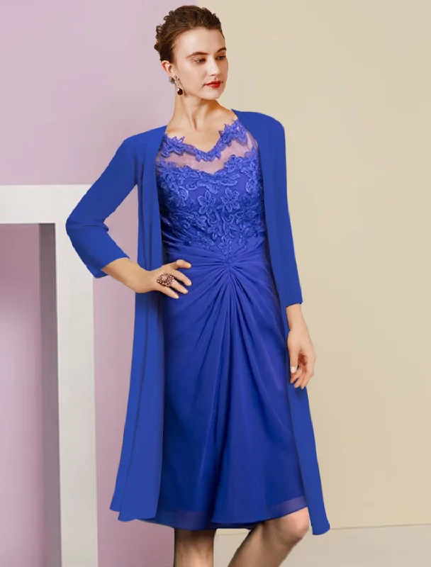 Two Piece Mother of the Bride Dress Formal Wedding Guest Vintage Elegant V Neck Knee Length Chiffon Lace Half Sleeve Jacket Dresses with Appliques Rayon Fabric Velvet Fabric Corduroy Fabric