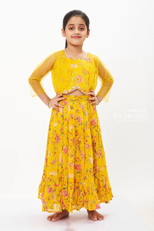 Girls Sunshine Floral Pavada Set with Festive Jacket - Celebrate Ugadi in Style Collared Jacket Crew Neck Jacket Turtle Neck Jacket