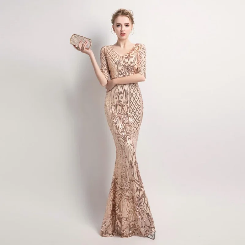 Half-sleeve V-neck Mermaid Sequined Evening Dress Gold Floor-Length Vestidos Black Elegant Formal Gown New Party Dress Tunics Stylish elegant