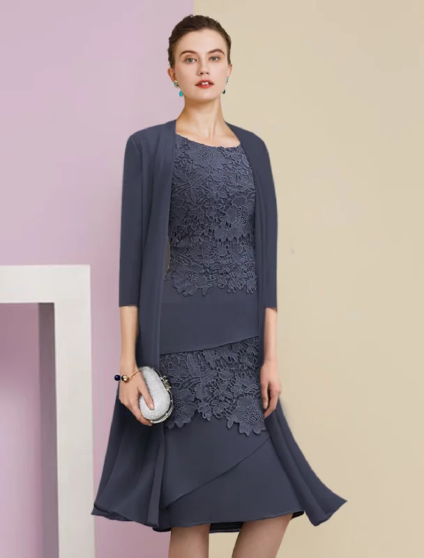 Two Piece Mother of the Bride Dress Formal Wedding Guest Vintage Elegant Scoop Neck Knee Length Chiffon Lace Short Sleeve Jacket Dresses with Tier Appliques Satin Fabric Silk Fabric Chiffon Fabric
