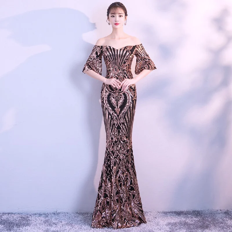 New Flare Sleeve Black Gold Heavy Sequins Evening Dress Boat Neck Formal Evening Party Dress Tunics Hiking breathable