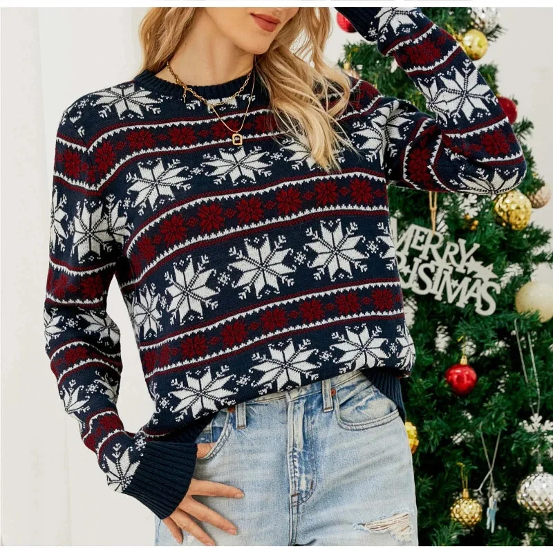 Snowflake Jacquard Christmas Party Knitted Sweater Herringbone Houndstooth Plaid