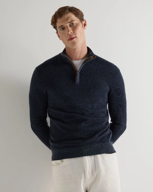 Men's Regent Fine Gauge Cashmere Half Zip Sweater Indigo Blue Elegant Classic Vintage