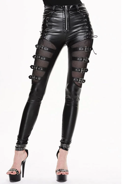 Black Punk Mesh Elastic Biker Leather With Loops Womens Pants Soft Stretch Trousers