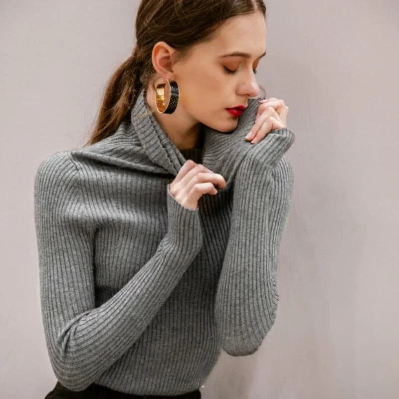 DressBetty - Korean Style Turtelneck Sweater Fashion Slim Casual Winter Sleeve Knitted Turtelneck Sweater Pull Femme Women's Clothing Solid Color Striped Floral Print