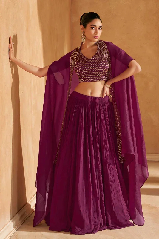 Wine Color Chinon Silk Readymade Beautiful Lehenga Choli With Jacket Fleece Fabric Down Fabric Feather Fabric