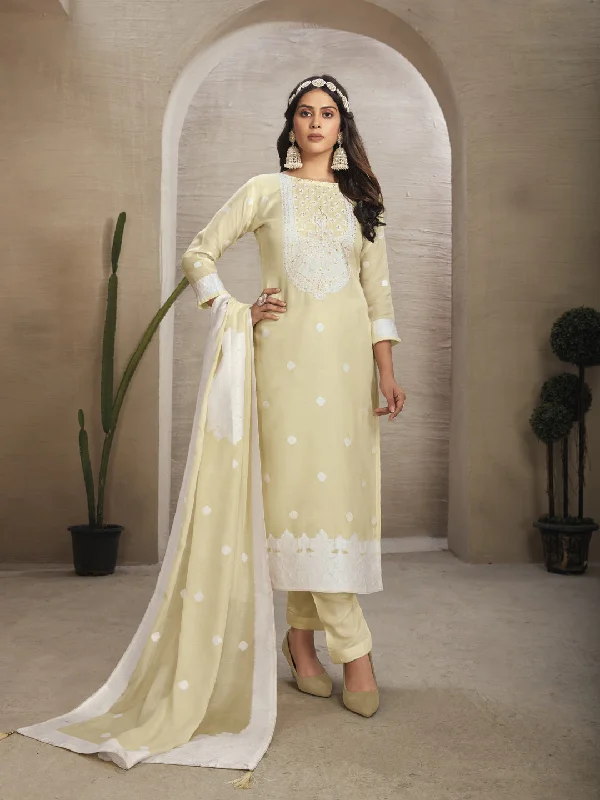 Beige  Organza Pant Suit With Wevon Design Diamond Work Classic Cropped Pants