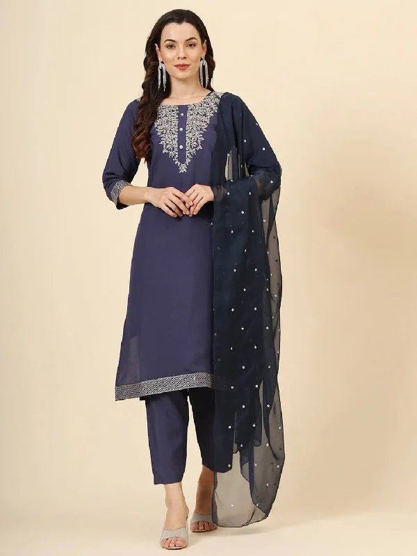 Navy Blue Trendy Readymade Pant Suit With Embroidery Work Modern Bootcut Pants