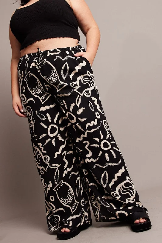 Black Abstract Wide Leg Pants High Rise Trendy Velvet Pants