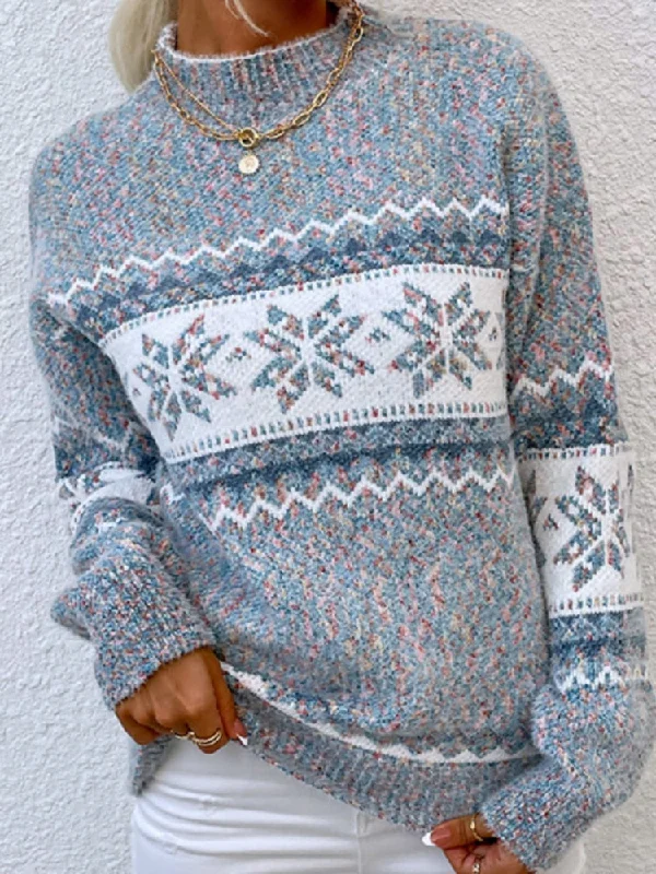 DressBetty - Snowflake Turtleneck Loose Sweater Print Jacquard Patchwork
