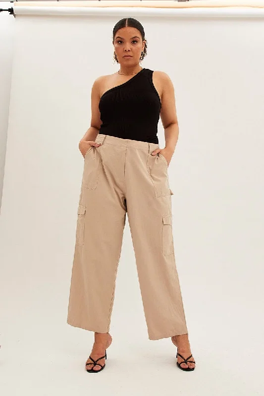 Beige Cargo Pants High Rise Chic Capri Pants