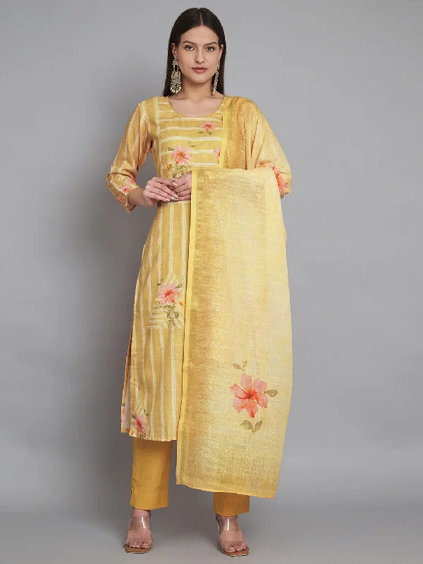 Yellow Trendy Elementary Designer Readymade Linen Pant Suit With Embroidery Work Formal Wide-Leg Pants