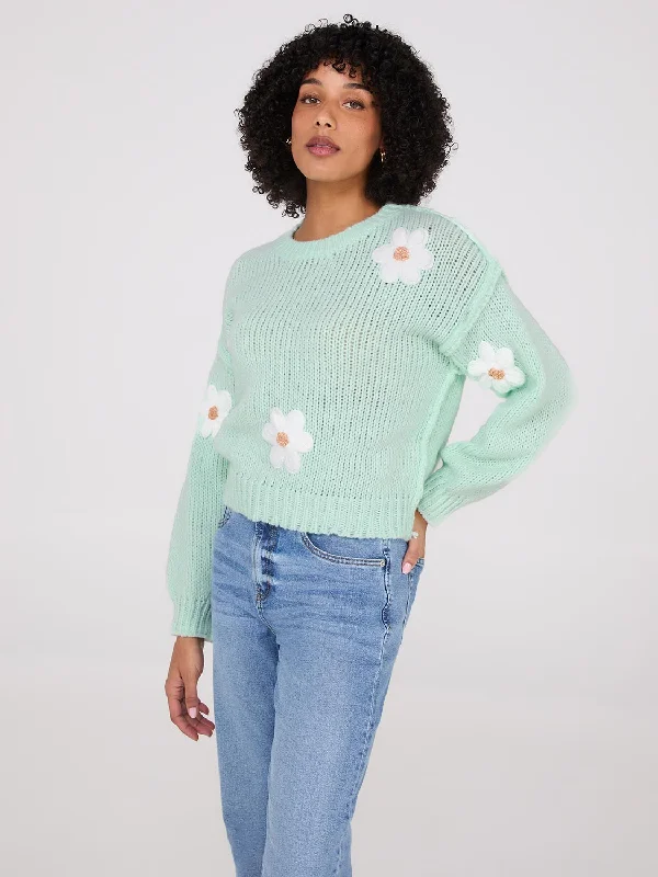 Crew Neck Sweater With Crochet Flowers Lace Blend Ribbed Blend Corduroy Blend