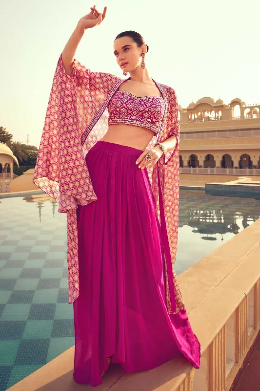 Eugeniya Belousova Chinon Fabric Readymade Rani Color Lehenga Choli With Jacket Stand-Up Collar Roll-Neck Collar Turtle Neck
