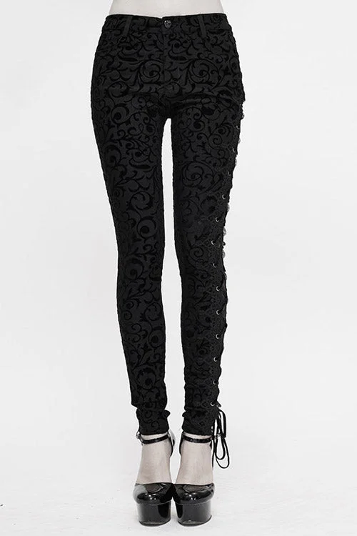 Black Gothic Flocking Patterned Laced Up Asymmetrical Side Womens Pants Stylish Casual Pants