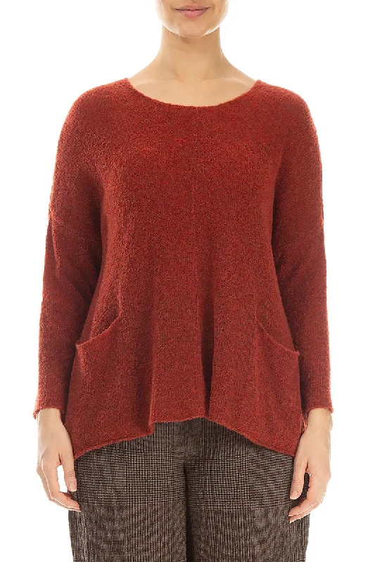 Two Pockets Burnt Orange Wool Sweater Chenille Brocade Lace