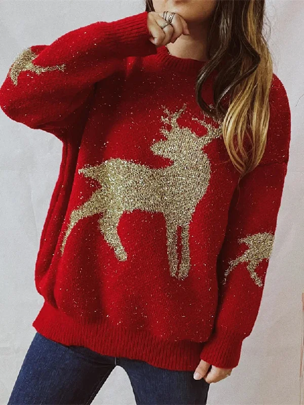 Chic O-Neck Long Sleeve Knitted Christmas Sweater Mesh Blend Leather Blend Suede Blend