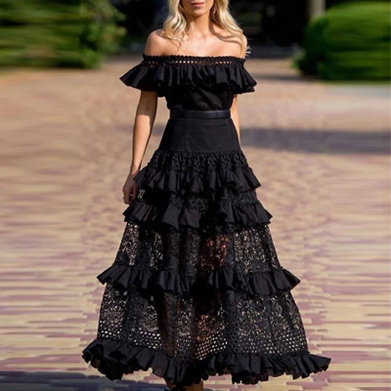 OL Sexy lace one-shoulder dress Ladies ruffled hollow party dresses Womne New Spring summer elegant Solid Color A-line dresses Tunics Recommended stylist
