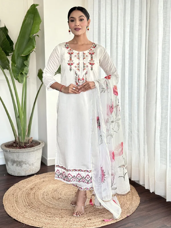 White Designer Party Wear Readymade Pant Suit With Printed Embroidery Work High-Waist Yoga Pants