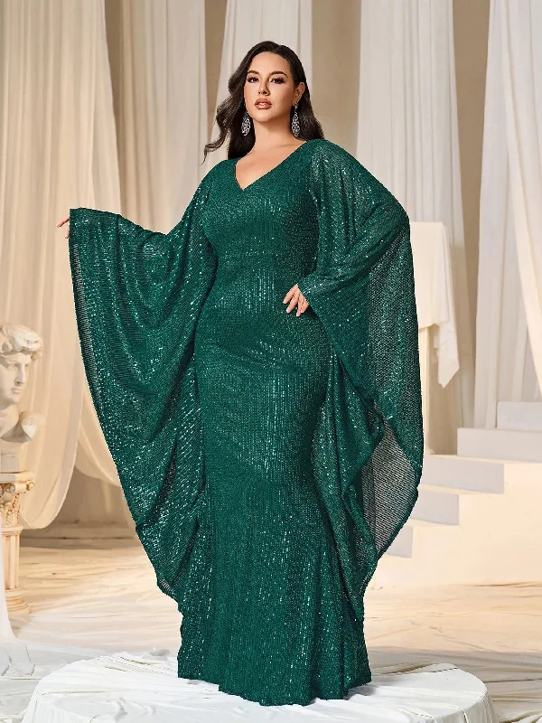 Plus Plunging Neck Batwing Sleeves Mermaid Hem Sequin Formal Party Dress Bodycon Fitted Nightout