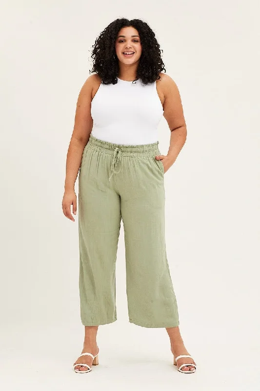 Green High Rise Linen Blend Paper Bag Wide Leg Pants Trendy Velvet Pants