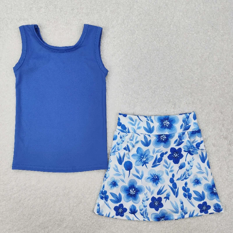 GSD1595 Yoga Outfit Dark Blue Flower Vest Shorts Skirts set Girls clothing sets summer outfit RTS 202501 lace skirt delicate