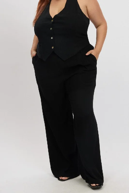 Black Elastic Waist Wide Leg Linen Blend Pants Casual Track Pants