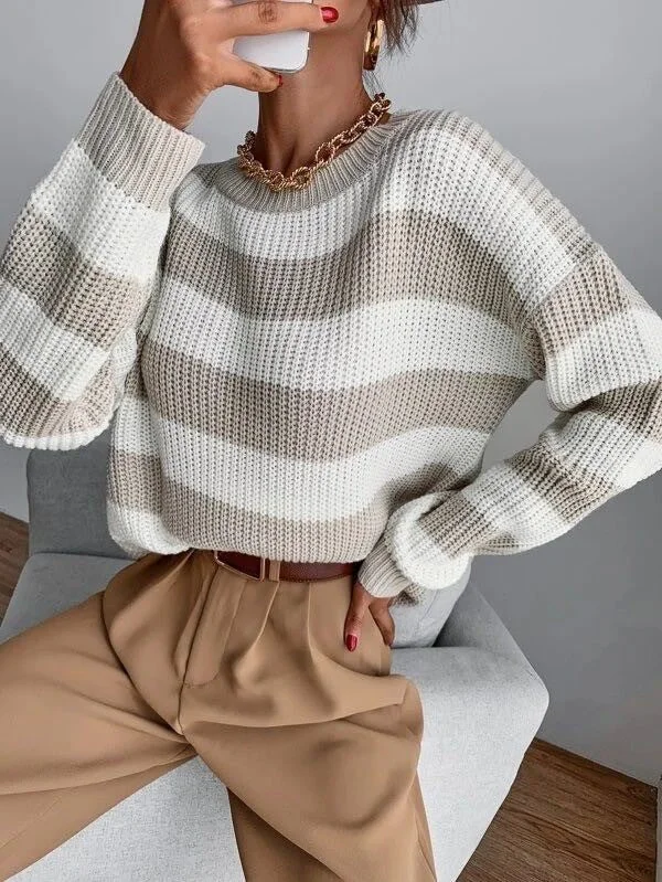 LADIES STRIPE KNIT SWEATER in WHITE/TAUPE Sweater Knitwear Pullover