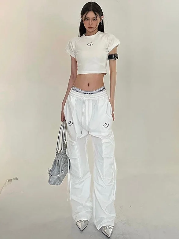 Sia Solid Color White Slim Short Sleeve Cropped Top + High Waist Baggy Multi-Pocket Cargo Pants Matching Set Soft Stretch Trousers