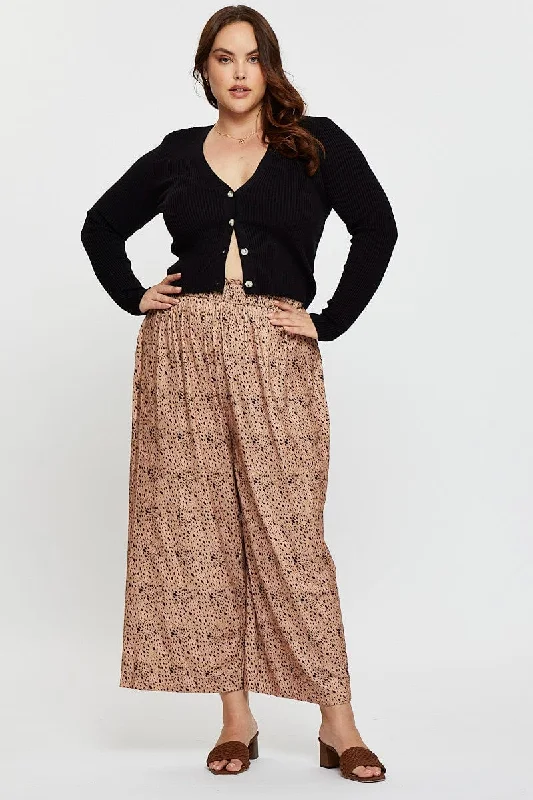 Animal Print Wide Leg Pants High Rise Shirred Waist Fashionable Button-Up Pants